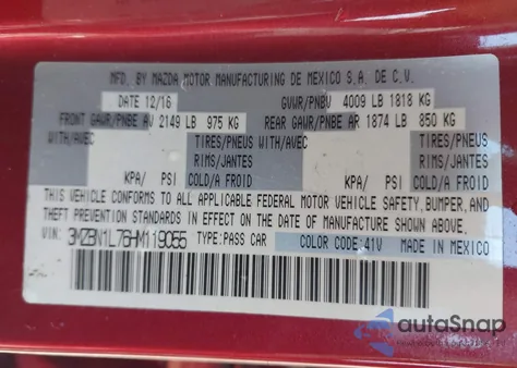 2017 Mazda 3 Touring z USA, uszkodzony, nr VIN 3MZBN1L76HM119055